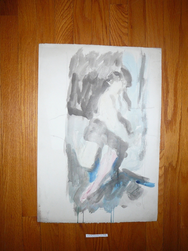 Watercolour and pencil sketch of a lady on a stool